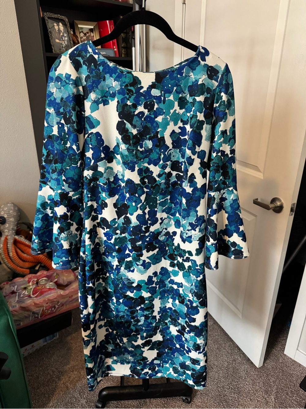 Calvin Klein Blue Floral Shift Dress with Bell Sleeves